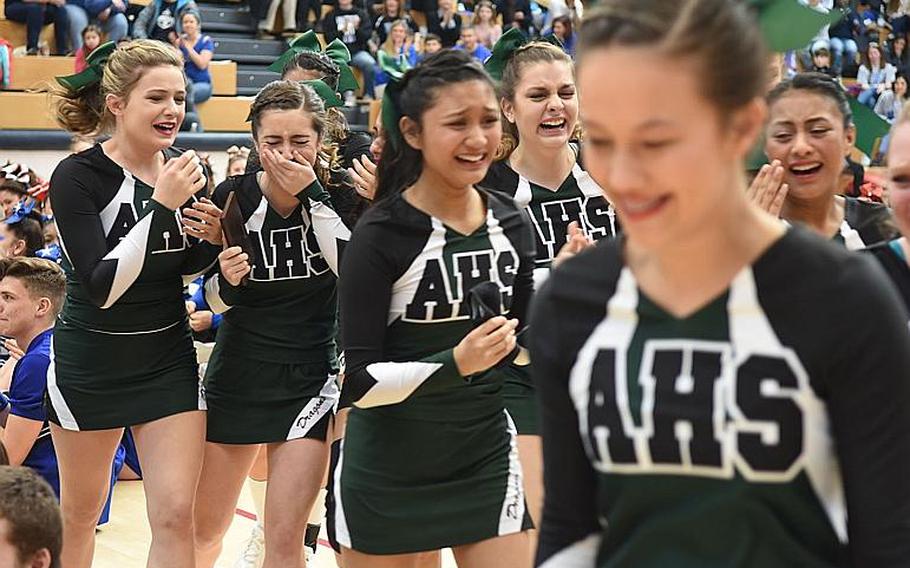Alconbury's cheer squad reacts to winning the Division III title at the DODEA-Europe cheer tournament on Saturday, Feb. 24, 2018, in Wiesbaden Germany.