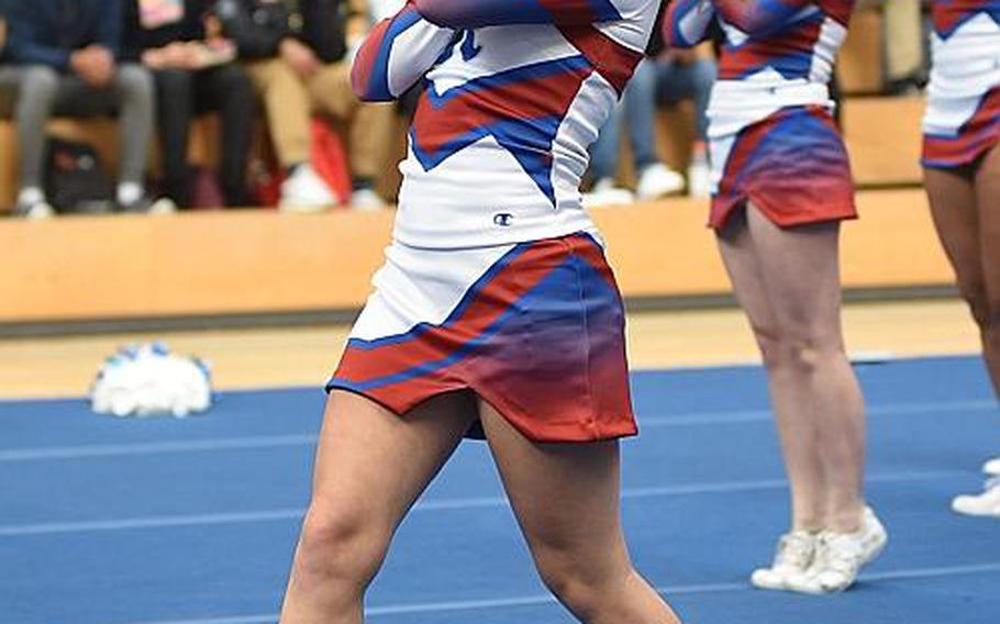 Ramstein sophomore Samantha Sonka helped her team to a third-place finish in Division I at the DODEA-Europe cheer tournament on Saturday, Feb. 24, 2018, in Wiesbaden, Germany.