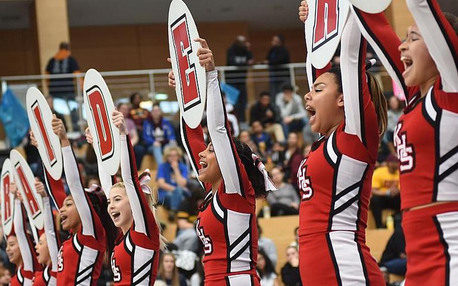 Kaiserslautern shows its team spirit during the DODEA-Europe cheer tournament on Saturday, Feb. 24, 2018, in Wiesbaden, Germany.