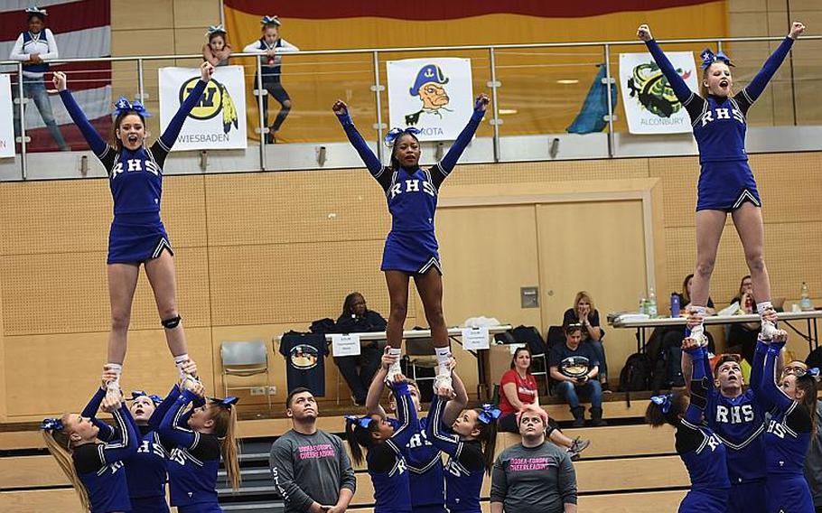 Rota earned first place in Division II and placed three cheerleaders on the all-tournament team during the DODEA-Europe cheer tournament on Saturday, Feb. 24, 2018, in Wiesbaden, Germany.
