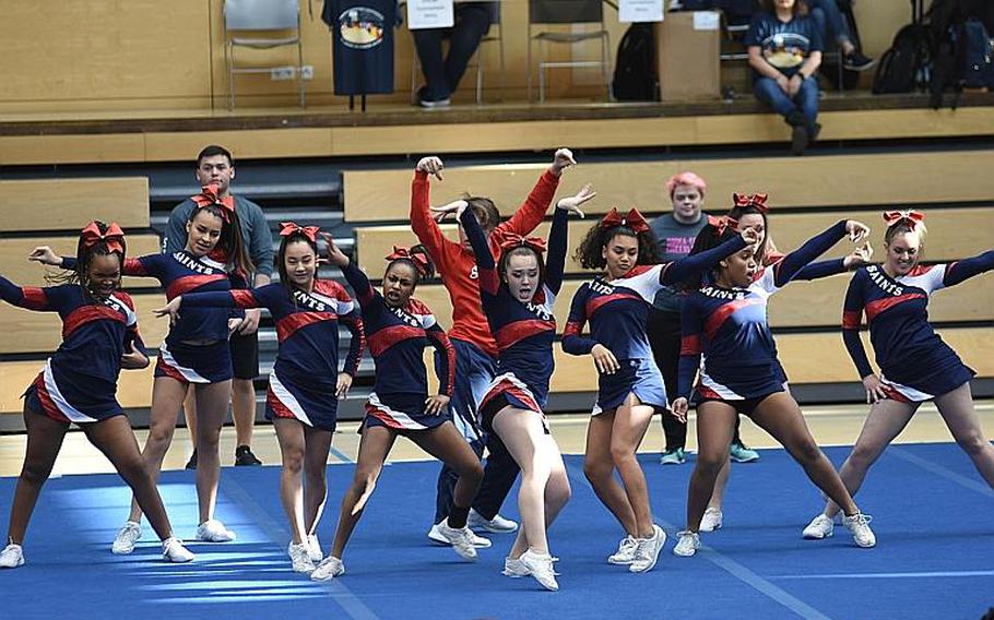 Aviano cheerleaders dance it up en route to a third-place Division II finish at the DODEA-Europe cheer tournament on Saturday, Feb. 24, 2018, in Wiesbaden, Germany.
