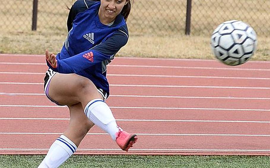 Senior striker Regina Dukat is one of three primary weapons for Yokota girls soccer, along with Jamia Bailey and Ai Robbins, starting together for the third straight season.