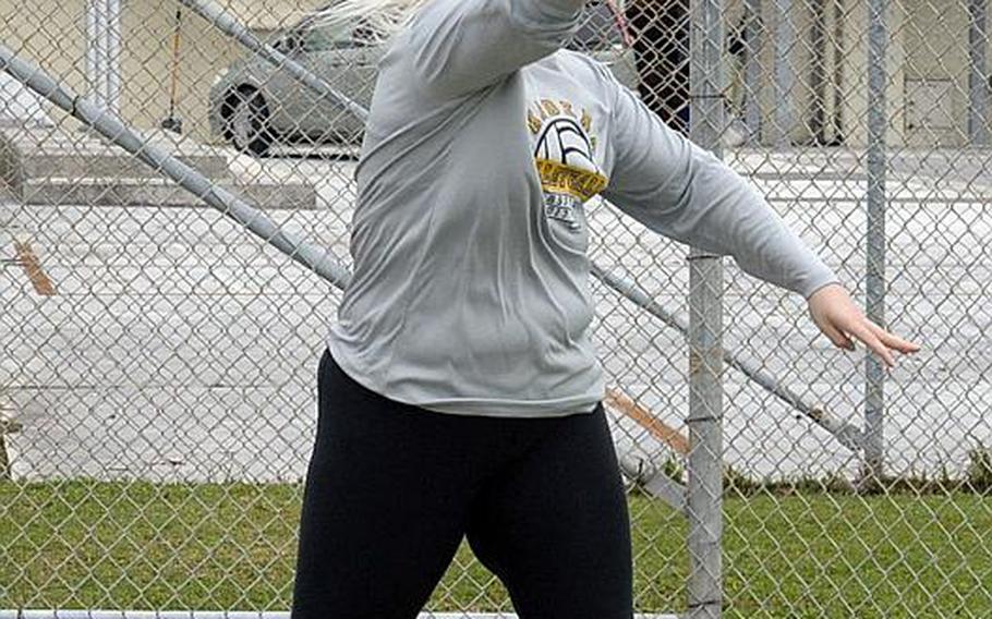 Senior Lauren Erp returns to track and field to throw discus and shot put after a season of playing softball for Kadena.