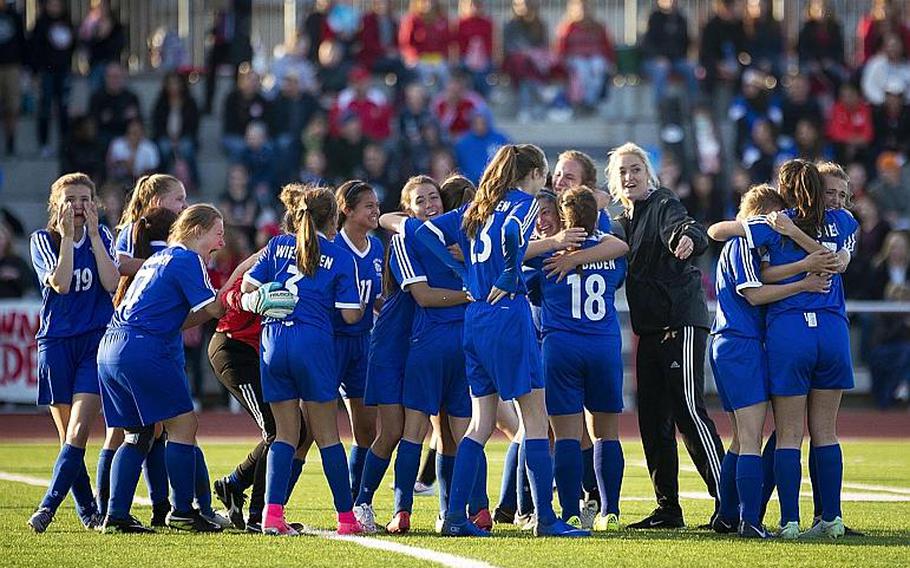 Wiesbaden celebrates its win over Stuttgart during the DODEA-Europe Division I championship in Kaiserslautern, Germany, on Saturday, May 20, 2017. Who will be the 2018 Division I champion?