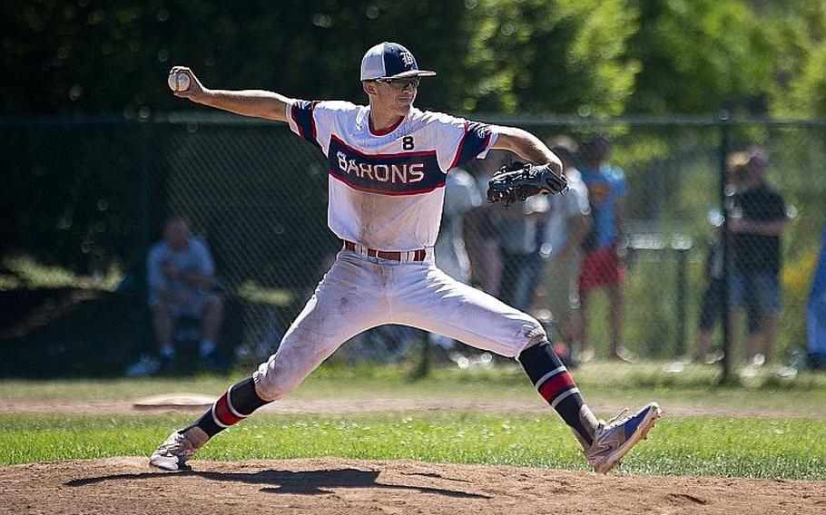 Bitburg's Max Little throws a pitch during the DODEA-Europe Division II/III baseball championship at Ramstein Air Base, Germany, on Saturday, May 27, 2017. Bitburg lost the game against Sigonella 10-1.