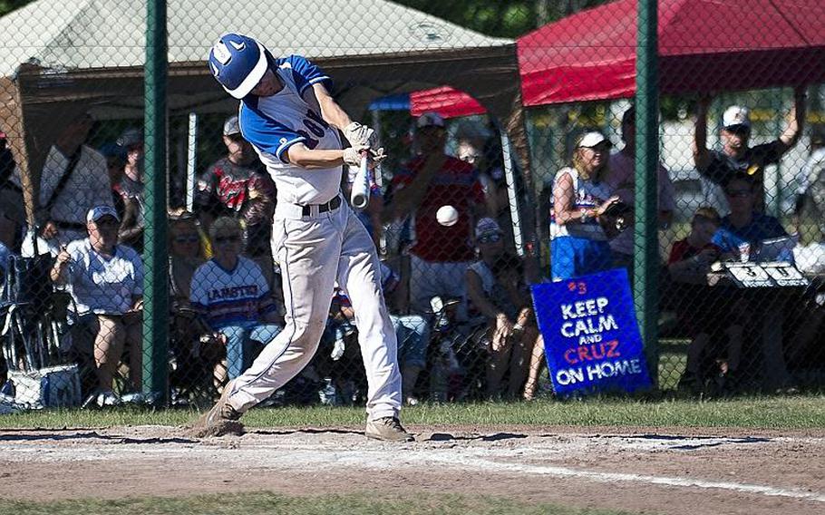 Ramstein's Reed Marshall gets a hit during the DODEA-Europe Division I baseball championship at Ramstein Air Base, Germany, on Saturday, May 27, 2017. Ramstein defeated Lakenheath 8-6 to win the title.