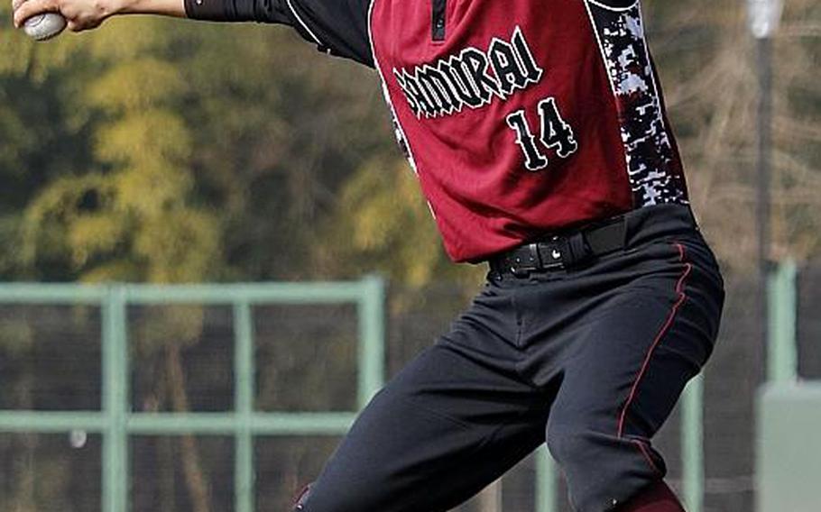 Matthew C. Perry senior right-hander Garrett Macias delivers against E.J. King in the first DODEA Japan regular-season game played at Kizuna Park near Marine Corps Air Station Iwakuni. Macias and the Samurai entertain the Cobras and the team Perry vanquished in last year's Far East Division II Tournament final, Yokota, this weekend at Kizuna.