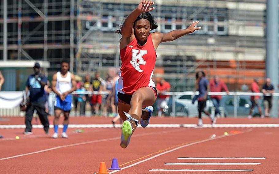 Kaiserslautern's Jada Branch set a new DODEA-Europe record in the triple jump with a leap of 39 feet, 2.25 inches at the DODEA-Europe track and field finals in Kaiserslautern, Germany, Saturday, May 27, 2017.

Michael Abrams/Stars and Stripes