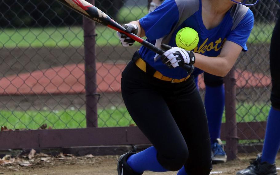 Yokota's Annalise Rodriguez tries to bunt her way on against Robert D. Edgren during Saturday's DODEA Japan softball tournament final. The Eagles rallied to beat the Panthers 13-12.