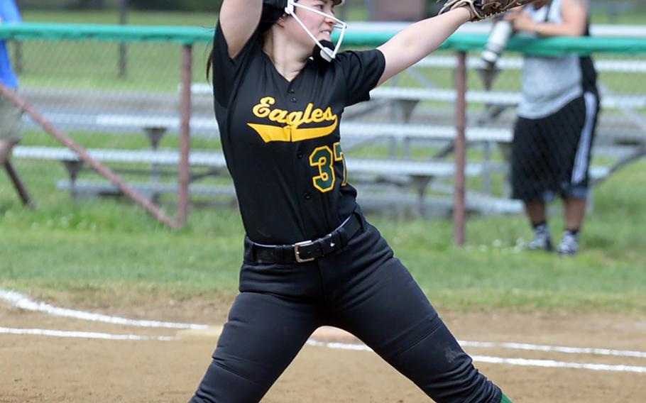 Robert D. Edgren's Brittany Crown had a busy two weeks. She struck out 82 batters in her last six games, including 17 in Saturday’s DODEA Japan softball final, which the Eagles won 13-12 over Yokota.
