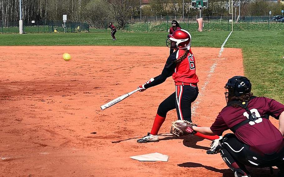Kaiserslautern's Abby Young hits a ball during a game at Vilseck, Germany, Saturday, April 14, 2018. 