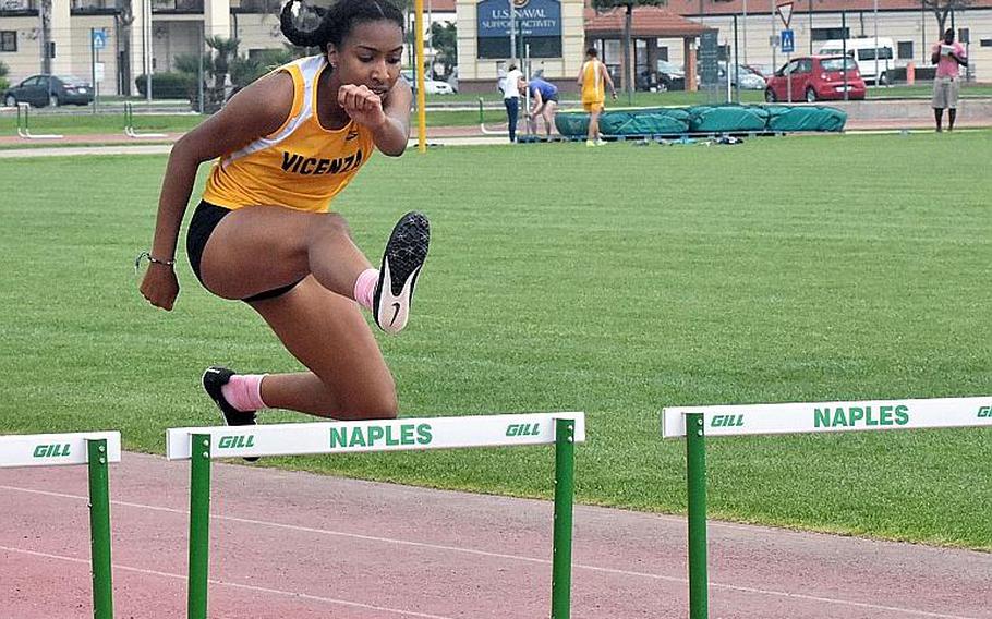 Vicenza's Brandy James cruises to a victory in the 300-meter hurdles on Saturday May 12, 2018. James also won the 100 hurdles. 