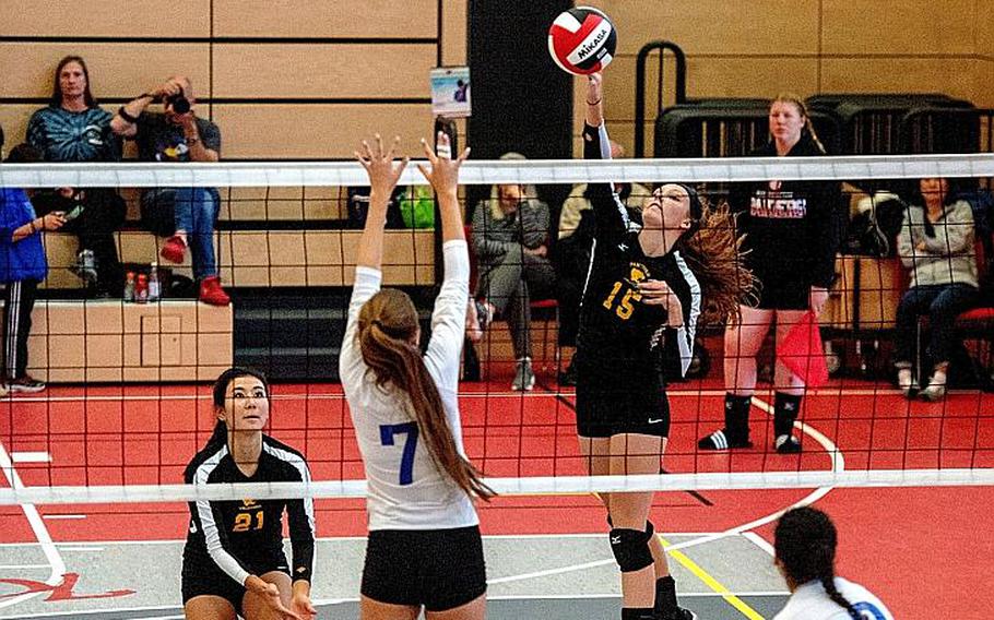 Geneva Barriger of Stuttgart hits it over the net during a game against Brussels, Saturday, Sept. 29, 2018.