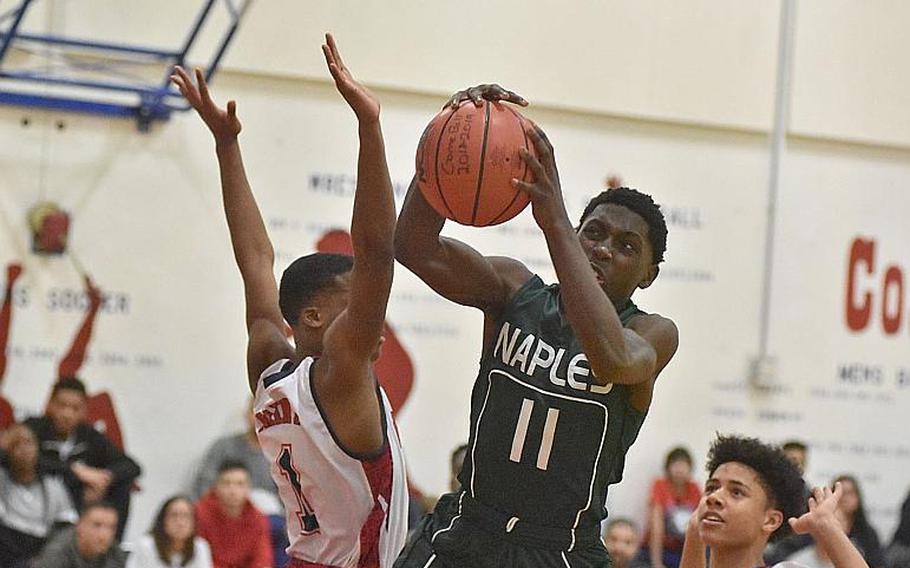 Naples' Tye Thompson led his team with 20 points on Friday night. But he had to work hard for almost all of them against an aggressive Aviano defense.
