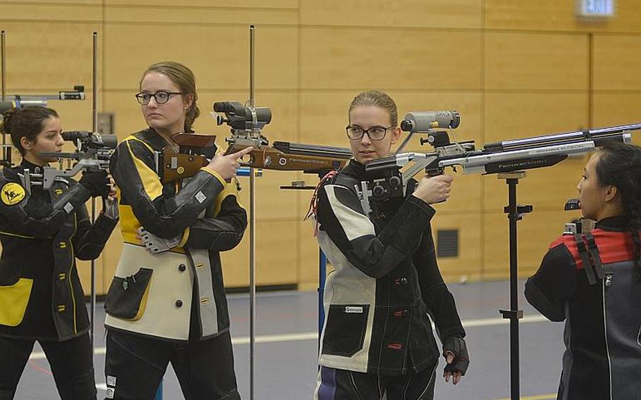 Marskmanship compeititors prepare to fire at their individual targets while competing in the 2019 European Championships, in Wiesbaden, Germany, on Saturday, Feb 2, 2019.