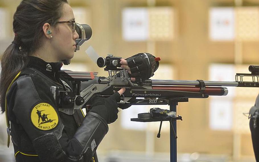 Maria Tortorelli adjusts the sight on her air rifle while preparing to shoot during the 2019 European Championships, in Wiesbaden, Germany, Saturday, Feb 2, 2019.