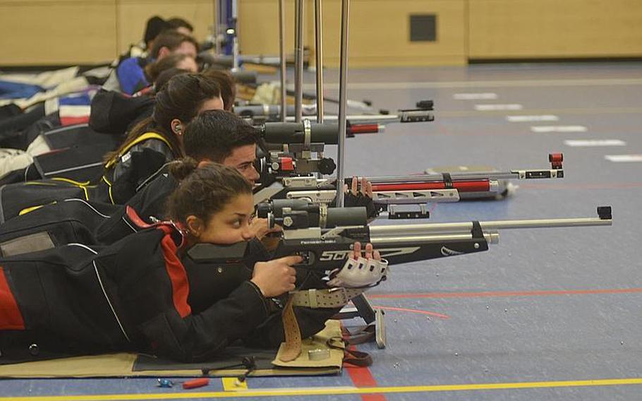 Competitors prepare to fire at their individual targets while competing in the 2019 European Marksmanship Championships, in Wiesbaden, Germany, Saturday, Feb 2, 2019.