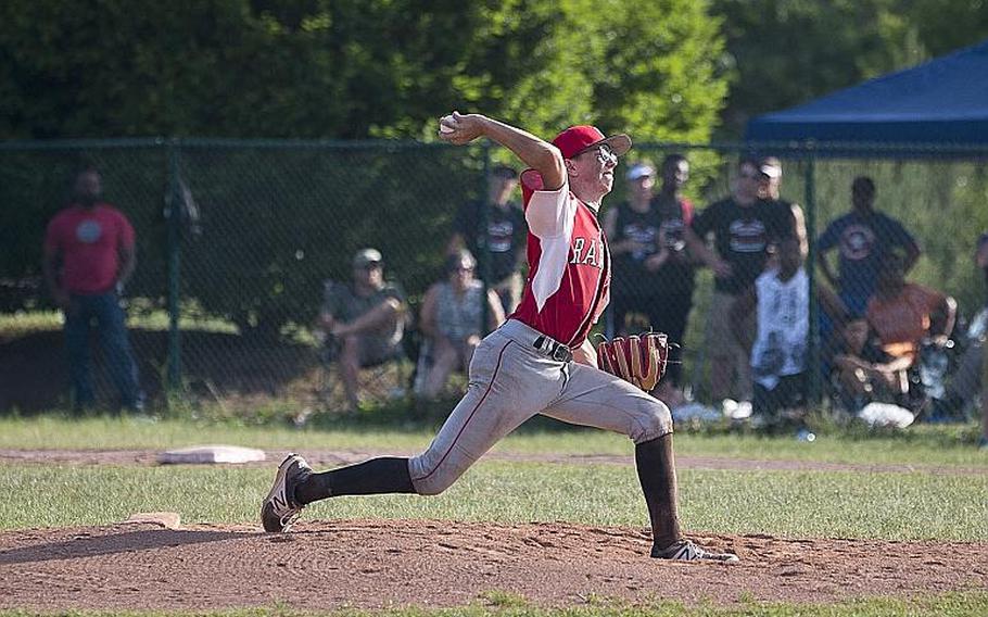 Kaiserslautern's Ronin Sherman pitches during the DODEA-Europe Division I baseball championship at Ramstein Air Base, Germany, on Saturday, May 26, 2018.