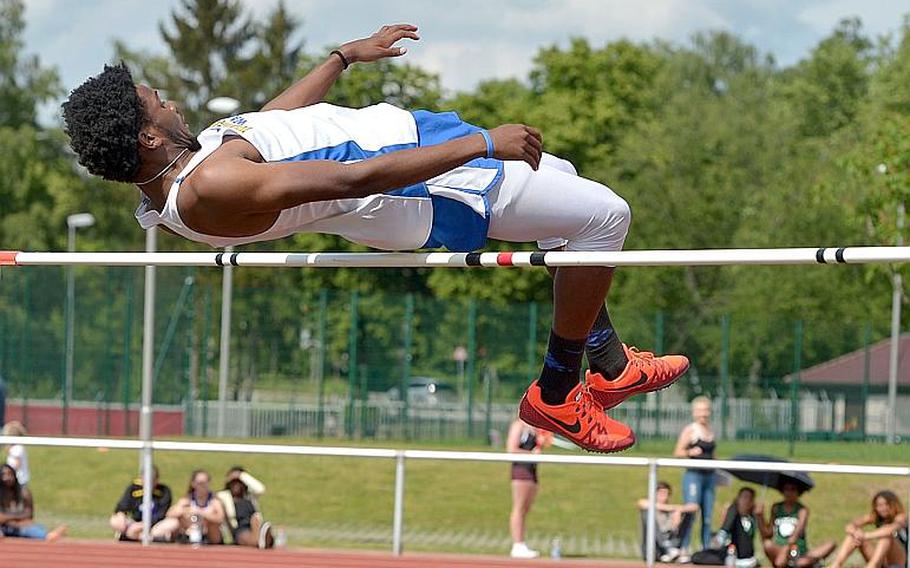 Wiesbaden's Markez Middlebrooks jumped 6 feet, 1 inch, to win the boys high jump competition at the 2018 DODEA-Europe track and field championships in Kaiserslautern, Germany.
