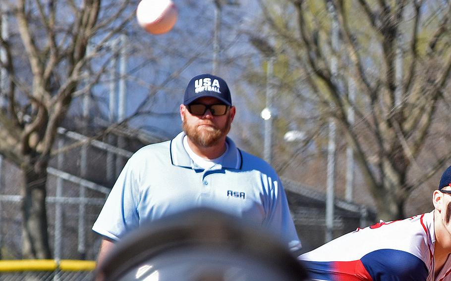 Chris Heisig umpires a game between Aviano and Ansbach on March 29, 2019. Heisig died Saturday, April 27.