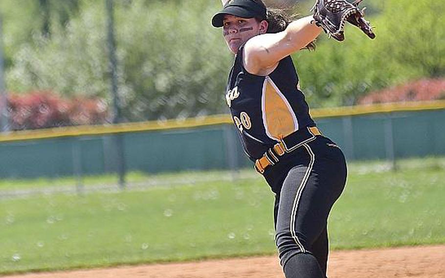 Vicenza pitcher Chenoa Gragg delivers a pitch during the game between Vilseck and Vicenza that took place on Saturday, April 20, 2019, at Caserma Del Din, in Vicenza. Vilseck ended up winning the game 11-10. 