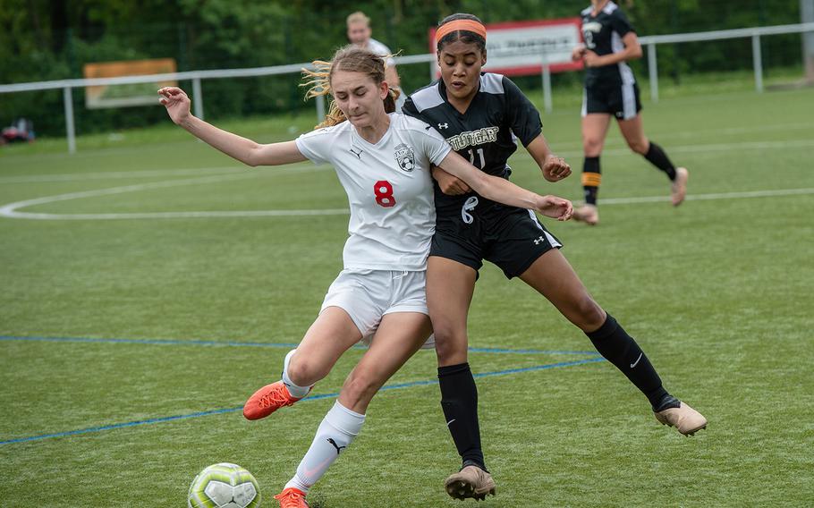Kaiserslautern's Angelina Popovic and Stuttgart's Bettina Wagner battle for control of the ball during the first day of the DODEA-Europe soccer championships, Monday, May 20, 2019.
