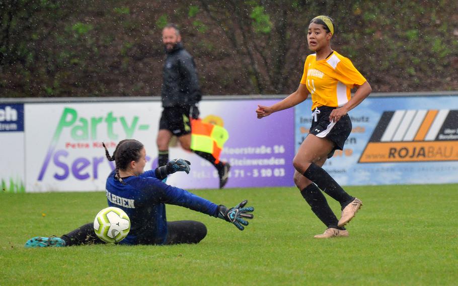 Stuttgart's Victoria Antoine watches her ball head to the goal past SHAPE keeper Mackenzie Barden in a Division I game in Reichenbach, Tuesday, May 21, 2019. The Panthers won the game 4-0.