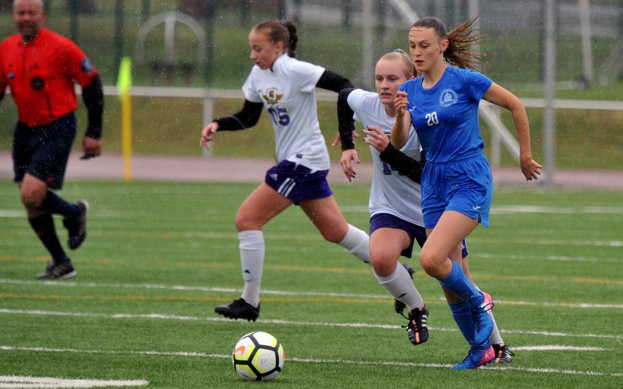 Marymount's Dana Hoeffner takes the ball upfield against Bahrain's Bella Mundy in a Division II game in Kaiserslautern, Tuesday, May 21, 2019. Marymount won 2-0.