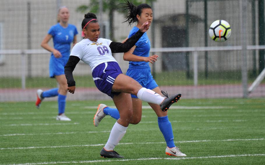 Bahrain's Noor Khoury sends the ball upfield against Marymount's Eri Ishii in a Division II game in Kaiserslautern, Tuesday, May 21, 2019. Marymount won 2-0.