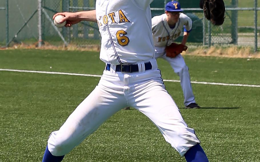 Yokota right-hander Jeff Mullarky delivers against Zama on Day 1 Wednesday of the Far East Division II baseball tournament. The defending champion Panthers crushed the Trojans 25-0.