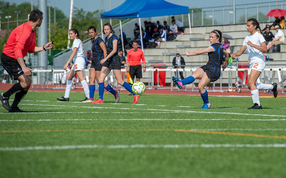 Hohenfels' Nicole Serrano crosses the ball during a game against Spangdahlem in the girls Division III DODEA-Europe soccer championship game, Thursday, May 23, 2019. Spangdahlem won the game 4-2.