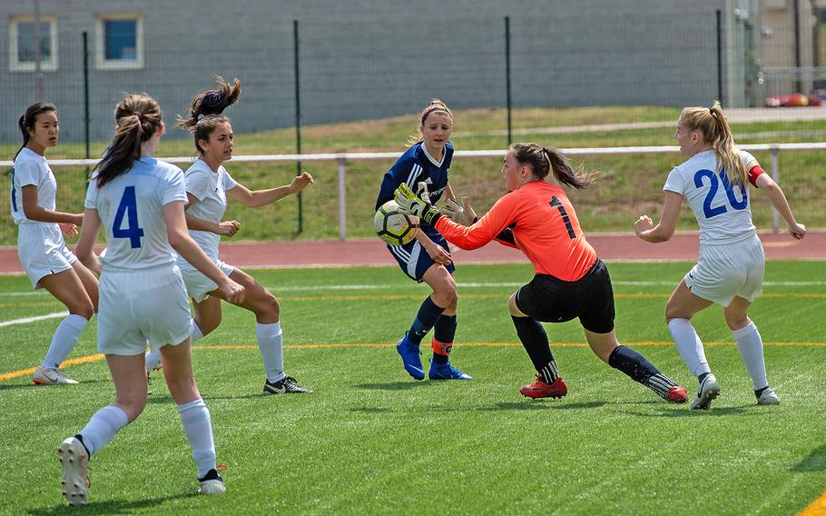 Marymount goalie Romana Bardetti grabs the ball during the girls Division II DODEA-Europe soccer championship game against BFA, Thursday, May 23, 2019. BFA won the game 5-0. 