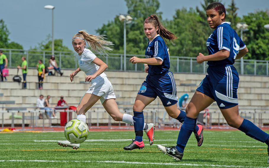 Marymount's Alba Gulino takes a shot on goal during the girls Division II DODEA-Europe soccer championship game against BFA, Thursday, May 23, 2019. BFA won the game 5-0. 