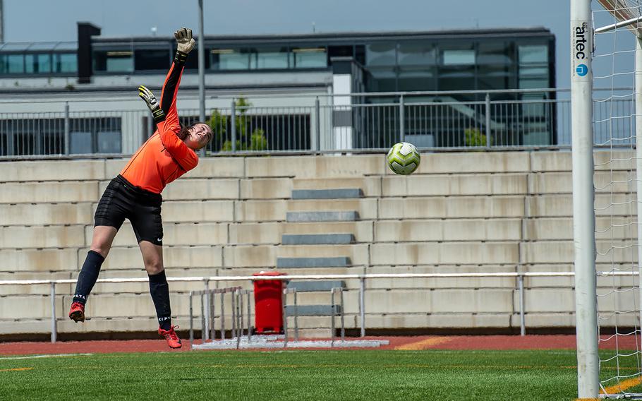 Marymount goalie Romana Bardetti just misses the ball during the girls Division II DODEA-Europe soccer championship game against BFA, Thursday, May 23, 2019. BFA won the game 5-0. 