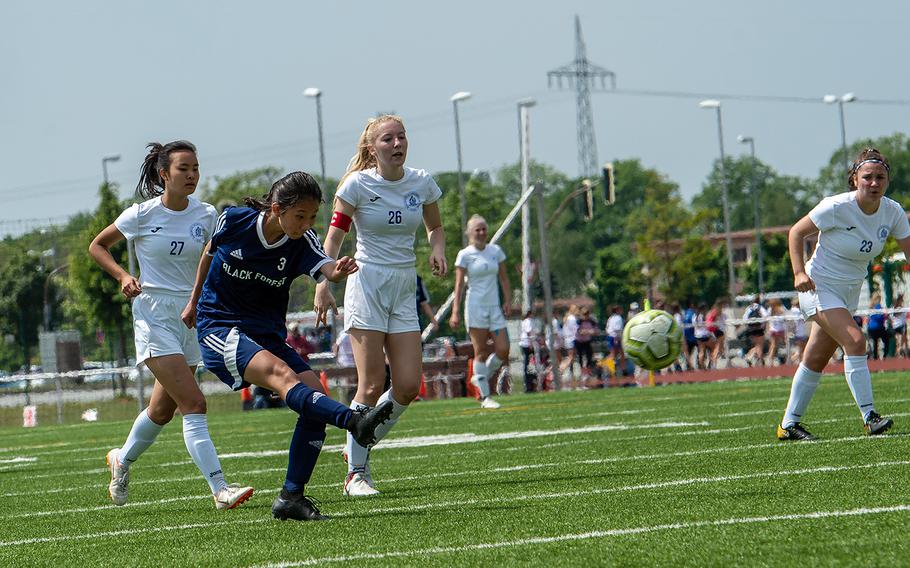 BFA's Yewon Park shoots and scores during the girls Division II DODEA-Europe soccer championship game against Marymount, Thursday, May 23, 2019. BFA won the game 5-0. 