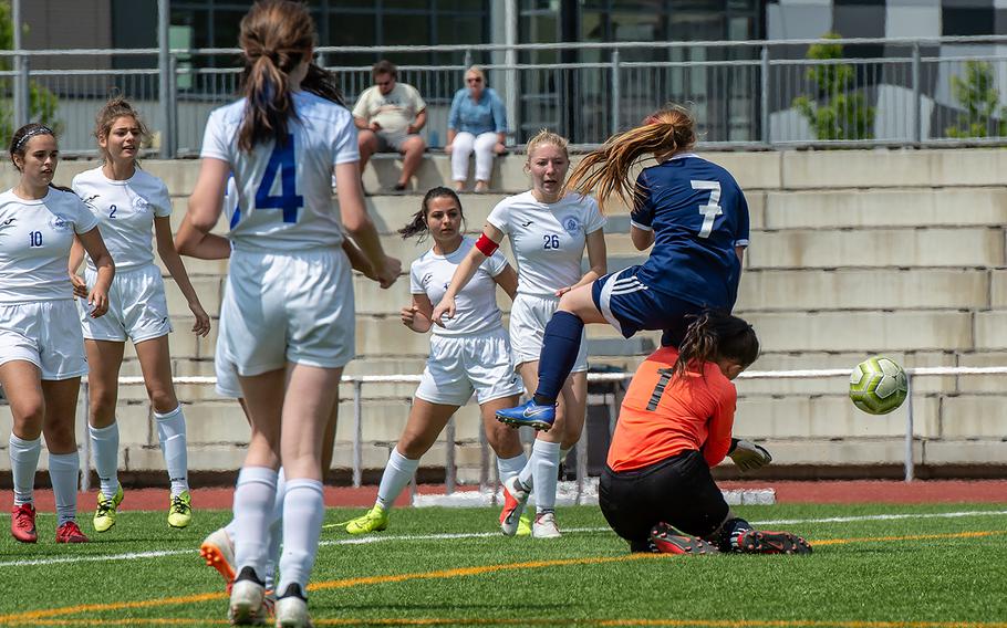 Marymount goalie Romana Bardetti and BFA's Melody Miller collide as they go for the ball during the girls Division II DODEA-Europe soccer championship game against BFA, Thursday, May 23, 2019. BFA won the game 5-0. 