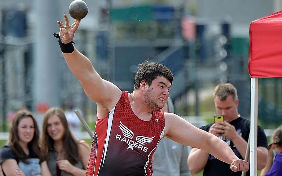 Kaiserslautern's Austin Higby defended his title in the boys shot put event with a toss of 48 feet, 8 inches at the DODEA-Europe track and field finals in Kaiserslautern, Saturday, May 25, 2019.