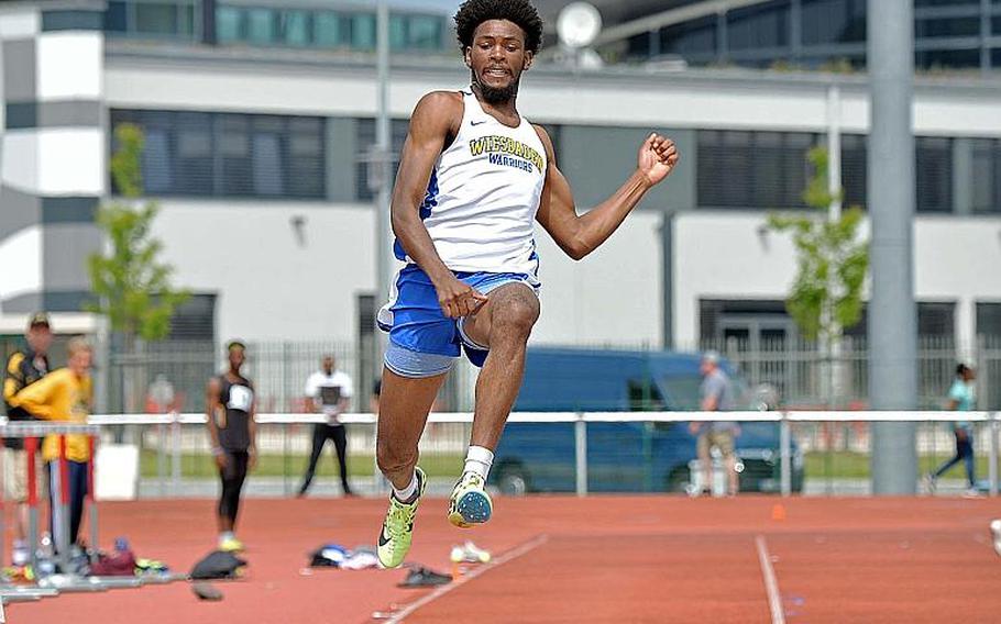 Wiesbaden??s Markez Middlebrooks won the long jump competition with a leap of 21 feet, 9.75 inches at the DODEA-Europe track and field finals in Kaiserslautern, Saturday, May 25, 2019. He also won the 100-meter and 200-meter dashes.

MICHAEL ABRAMS/STARS AND STRIPES