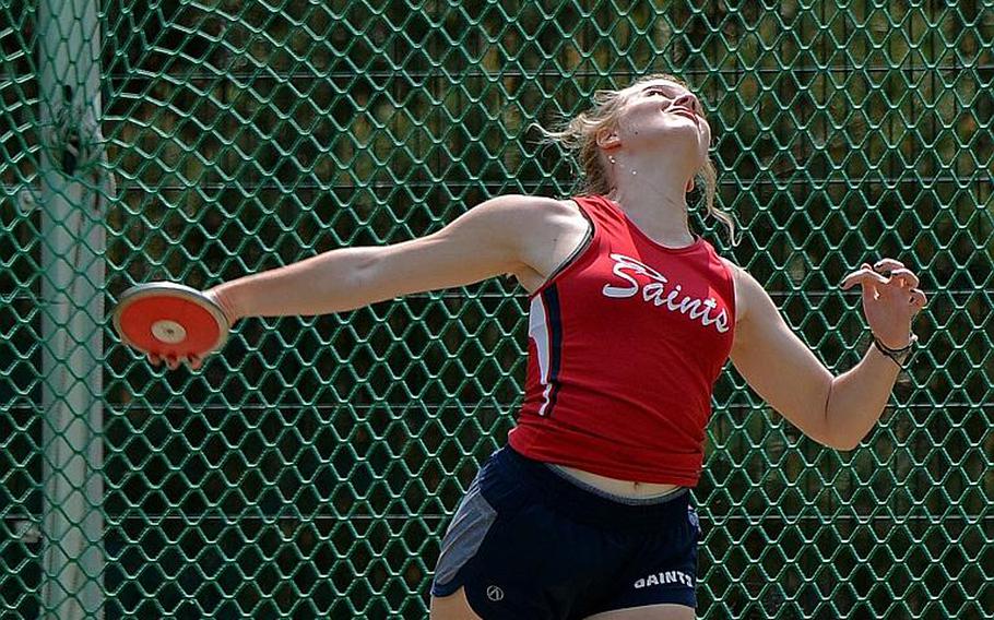 After winning the shot put competition on Friday, Aviano freshman Elizebeth Woodruff also took the discus title at the DODEA-Europe track and field finals Saturday, with a throw of 117 feet.