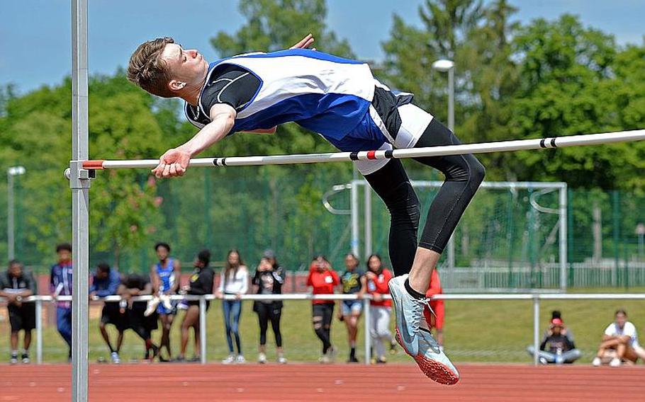 Rota's Callum Wilkerson won the high jump with a leap of 6 feet, 1 inch. Wiesbaden's Markez Middlebrookes jump the same height, but Wilkerson won with less failed attempts at a lower height.