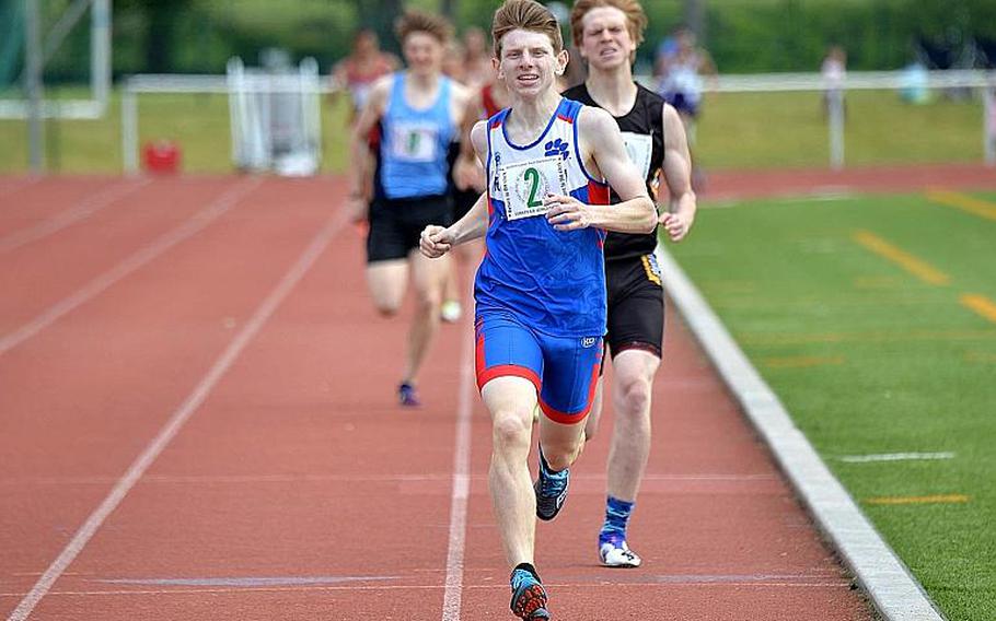 Ramstein's Denver Dalpias races to the finish line in 2 minutes, 0.36 seconds at the DODEA-Europe track and field finals in Kaiserslautern, Saturday, May 25, 2019, ahead of Vicenza's Chase Brahaney.