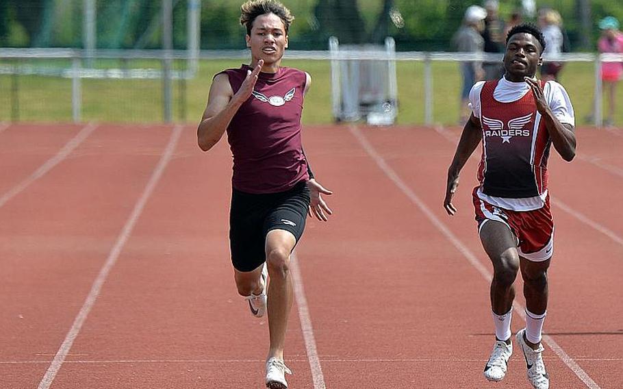 Vilseck's Joshua Walter won the 400-meter race ahead of Kaiserslautern's Cedric Ellis in 50.96 seconds at the DODEA-Europe track and field finals in Kaiserslautern, Saturday, May 25, 2019. Walter also anchors the Falcons' winning 4x400-meter relay team.