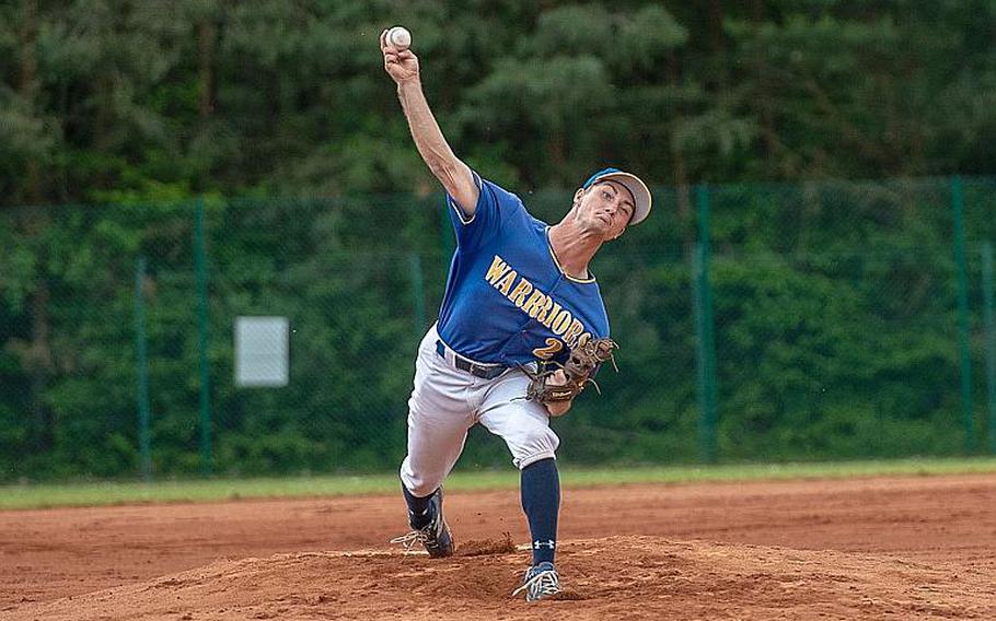 Wiesbaden's Austin Deckinga throws a pitch during a game against Ramstein on Day 2 of the boys Division I DODEA-Europe baseball championships, May 24, 2019.