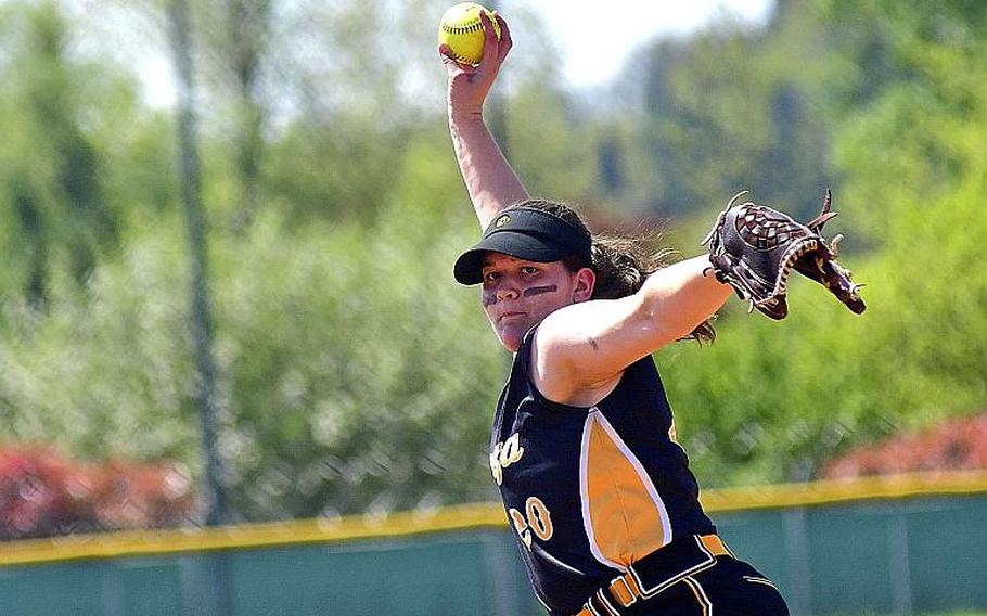 Vicenza's Chenoa Gragg delivers a pitch during the game against Vilseck on April 2019,  in Vicenza, Italy. Gragg has been selected as the Stars and Stripes Athlete of the Year for softball.