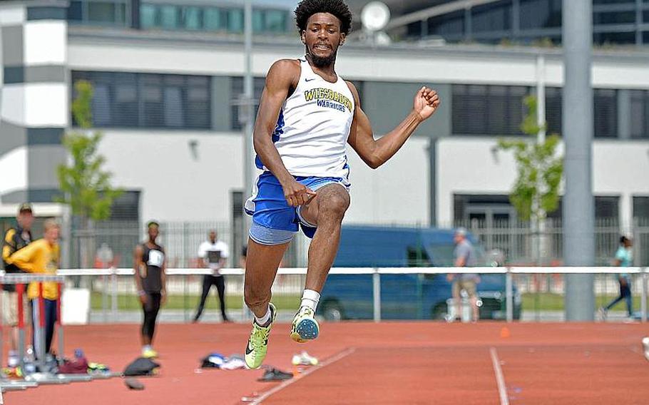 Wiesbaden???s Markez Middlebrooks won the long jump competition with a leap of 21 feet, 9.75 inches at the DODEA-Europe track and field finals in Kaiserslautern, Saturday, May 25, 2019. He also won the 100- and 200-meter dashes. Middlebrooks has been named the Stars and Stripes boys Athlete of the Year for track and field.
