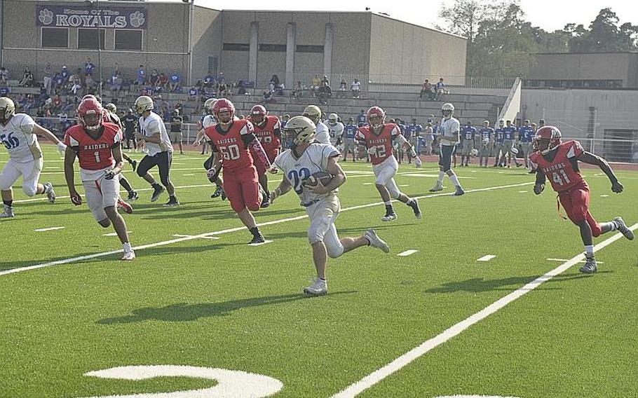 Wiesbaden Warriors running back Austin Deckinga picks up yardage against the Kaiserslautern Raiders in a preseason scrimmage Thursday, Aug. 29, 2019, at Ramstein Air Base, Germany. 