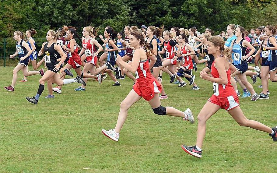 Girls from several schools begin the cross country race at Vilseck, Germany, Saturday, Sept. 7, 2019. 
