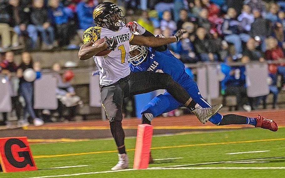 Jordan McCullough is shoved out of bounds at the 1-yard line during a game between Ramstein and Stuttgart at Ramstein High School, Friday, Sept.  27, 2019. Stuttgart won the game 37-17.