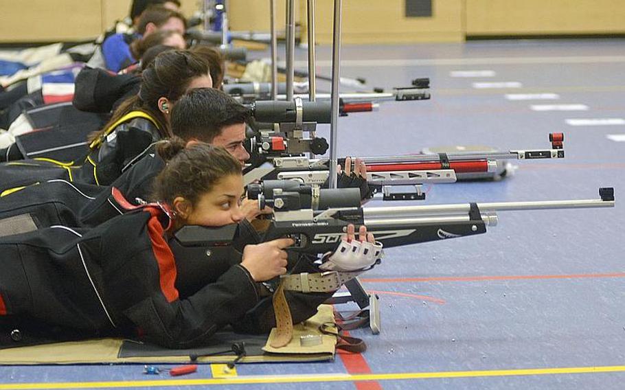 Competitors prepare to fire at their individual targets while competing in the 2019 European Marksmanship Championships, in Wiesbaden, Germany, last February. This year's finals are in Kaiserslautern, on Saturday.