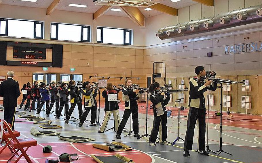 Competitors take aim in the 2019-20 DODEA-Europe marksmanship championship meet Saturday at Kaiserslautern High School.